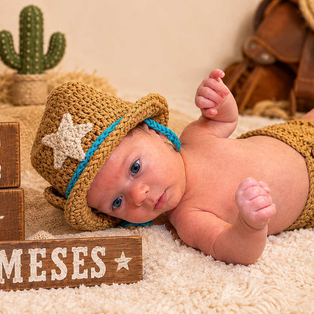 Kaylen is registered to the contest to win money with this photo: newborn, baby, infant, child, portrait, lying_down, crocheted_hat, cowboy_theme, diaper_cover, blanket, cactus, cowboy_boots, wooden_blocks, milestone, rustic, indoor, brown, blue_trim, photography, cute