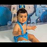 Lionel joined the competition — help win amazing prizes! baby, balloons, birthday, blue, celebration, child, cute, decorations, happy, headwear, indoor, infant, party_hat, person, photography, sitting, smile, star, suspenders, white_background