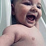 arm, baby, bath, bathtub, child, closeup, cute, expression, face, happy, head, indoors, infant, mouth_open, person, seat, skin, smiling, water_droplets, white
