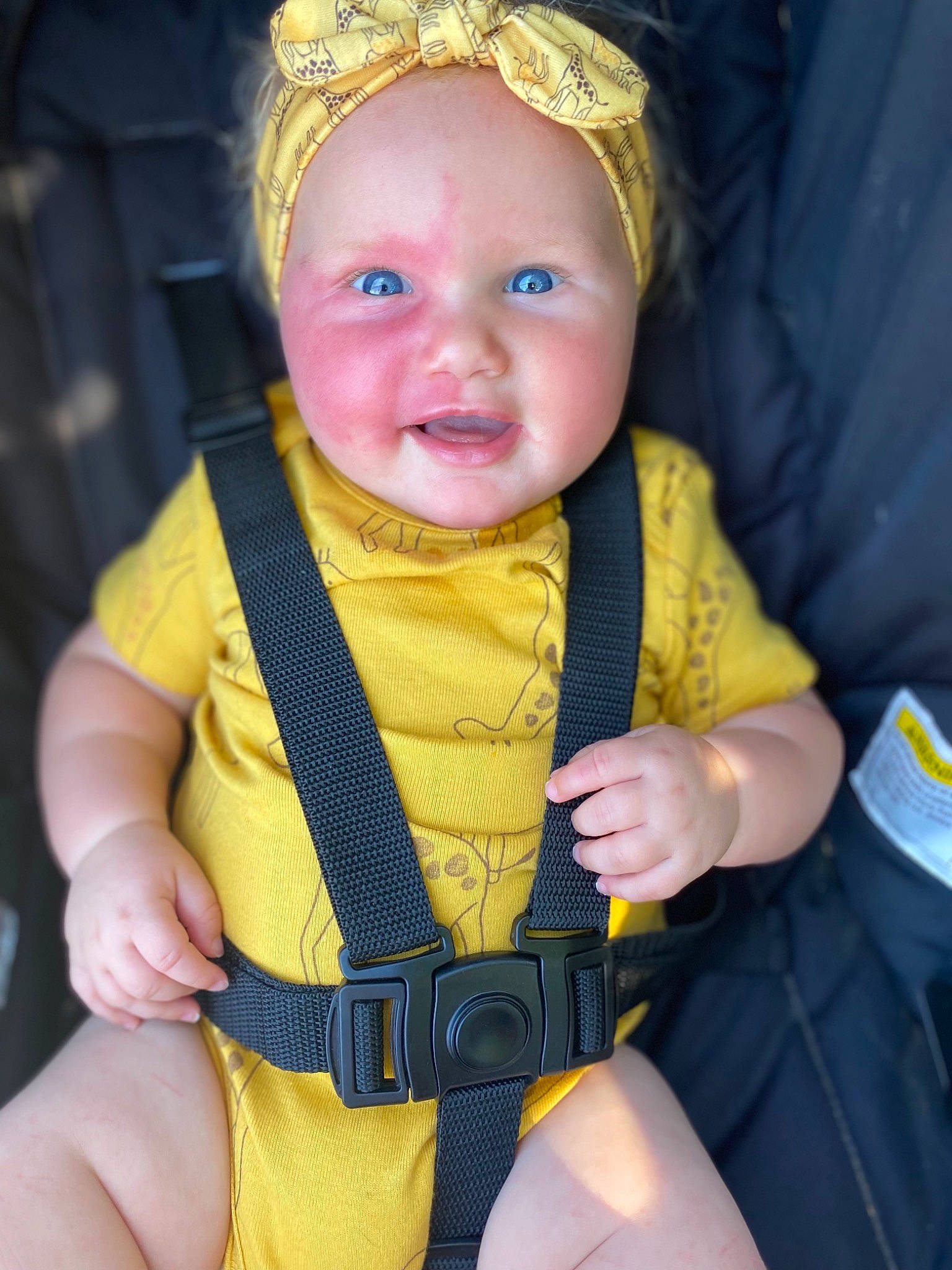 Wrenly is registered to the contest to win money with this photo: baby, baby_carriage, baby_toddler_clothing, cheek, child, chin, electric_blue, eye, hat, headgear, human_body, iris, organ, people, person, seat_belt, skin, smile, thumb, toddler