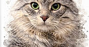 Tigrou a rejoint le concours — aidez-le/la à gagner de superbes lots ! adorable, animal, artistic, cat, close_up, cute, domestic_cat, expression, face, feline, fluffy, green_eyes, name_overlay, paint_splatter, pet, portrait, soft_fur, studio_style, watercolor_effect, whiskers