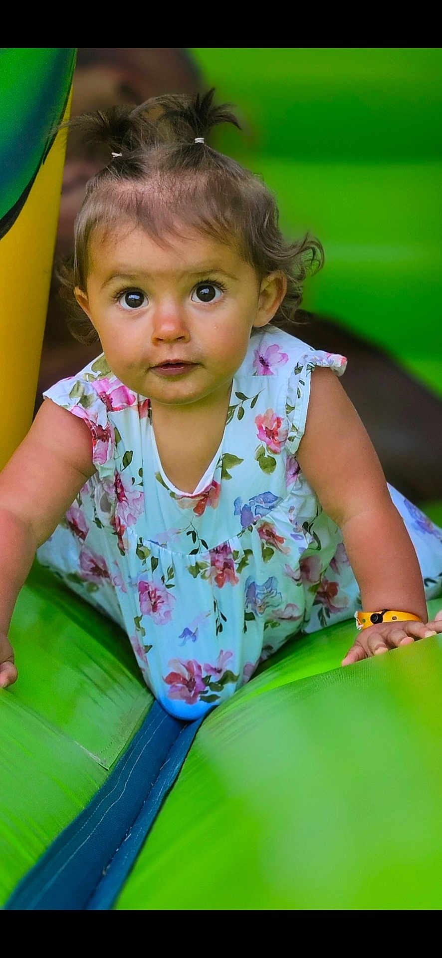 Jade participe au concours pour gagner de l'argent avec cette photo : toddler, child, baby, girl, crawling, inflatable, green, dress, floral, pigtails, face, wristband, outdoor, play, cute, curious, expression, person, bright_eyes, closeup