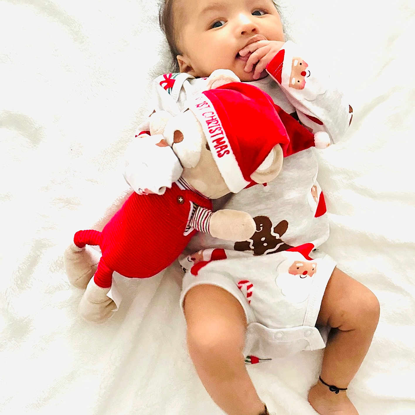 Vedish joined the competition — help win amazing prizes! baby, blanket, child, christmas_pajamas, cozy, cute, face, festive, hands, holiday, infant, legs, lying_down, plush, portrait, smile, soft_toy, stuffed_toy, teddy_bear, white_background