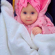 Noor is registered to the contest to win money with this photo: baby, infant, child, portrait, pink, hood, headband, bow, blanket, bundled_up, stroller, winter_clothing, cute, eyes, face, indoors, sitting, cozy, smiling, close_up