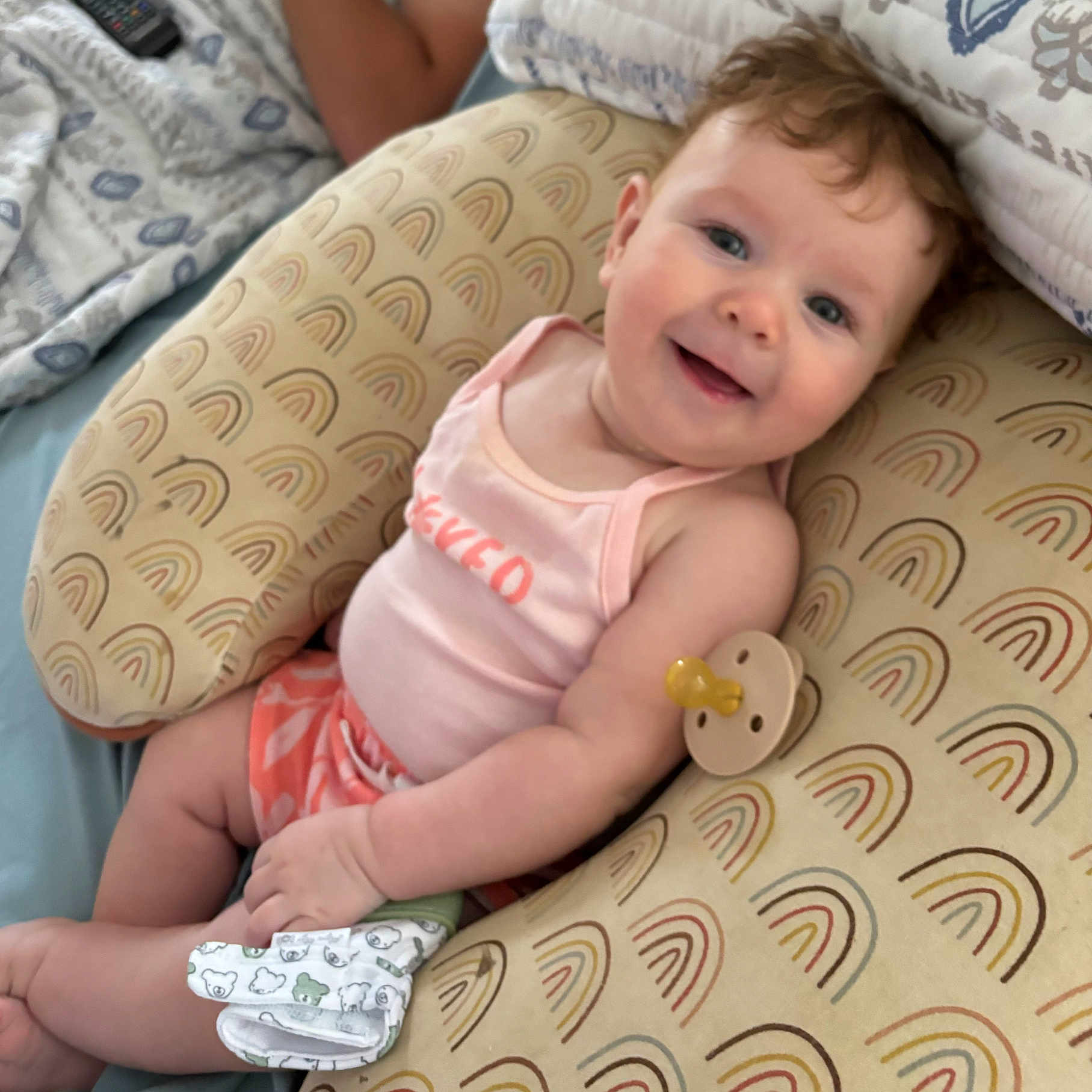 Oaklynn joined the competition — help win amazing prizes! baby, babylaughing, blanket, clothing, couch, cushion, electronics, face, furniture, happy, head, homedecor, newborn, person, photography, pillow, portrait, remotecontrol, smile, t_shirt