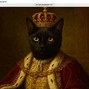 Clyde is registered to the contest to win money with this photo: animal, animal_portrait, black_cat, classic_painting, costume, crown, dark_background, feline, fur, gold, historic_style, indoor, king, luxury, majestic, portrait, red_cloak, regal, royal_clothing, yellow_eyes