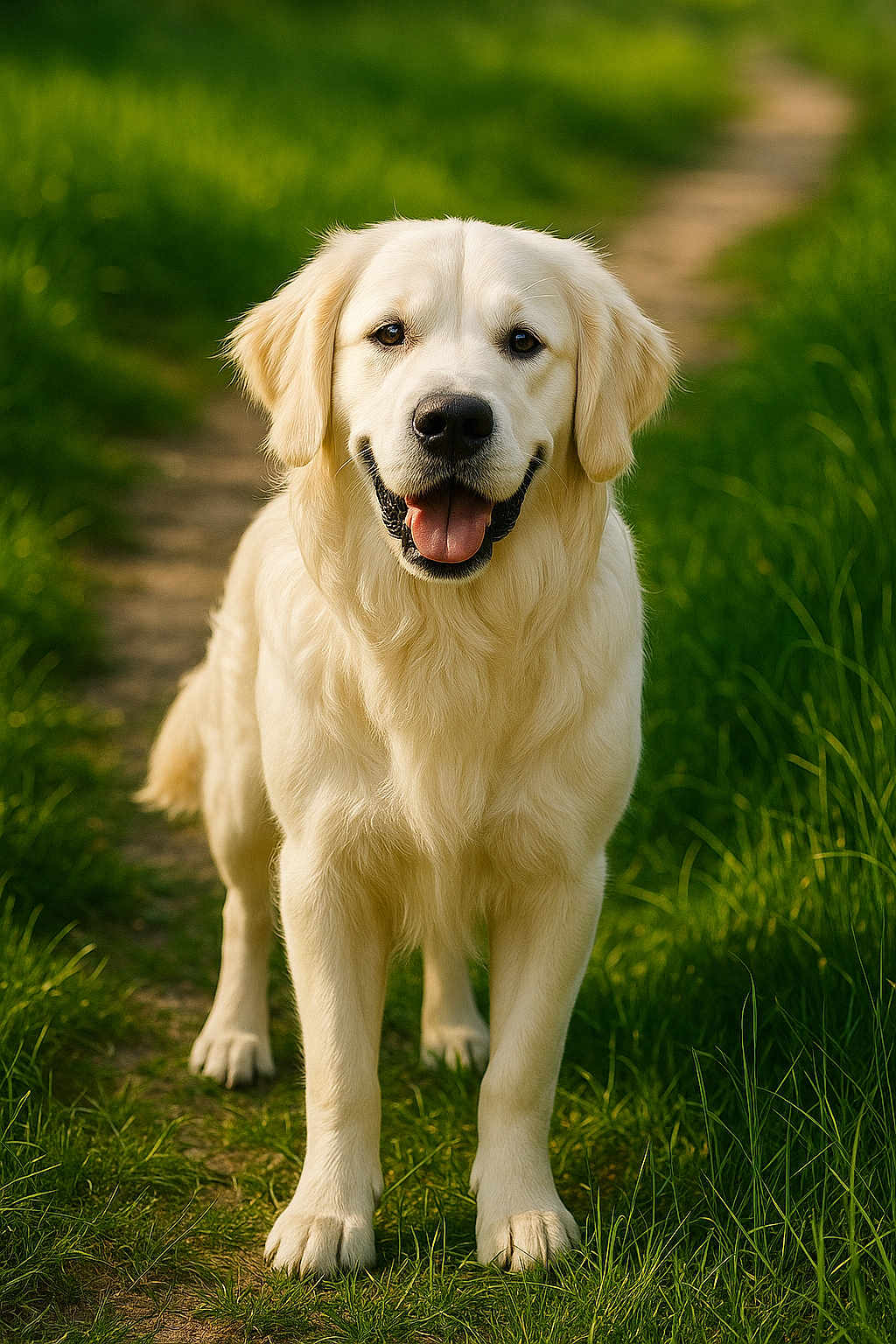 Seko a rejoint le concours — aidez-le/la à gagner de superbes lots ! dog, golden_retriever, animal, pet, outdoor, grass, path, nature, canine, mammal, happy, tongue_out, fur, portrait, walking, daylight, greenery, friendly, cute, playful