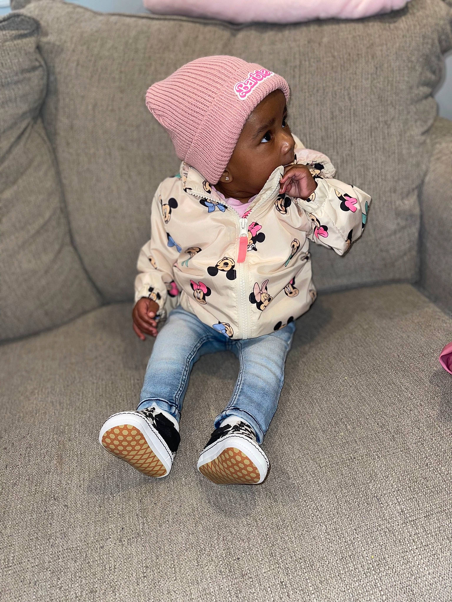 Sayori is registered to the contest to win money with this photo: baby, baby_toddler_clothing, cap, cheek, child, comfort, couch, face, flooring, foot, hat, headwear, human_leg, knee, leg, linens, pattern, person, sitting, sleeve