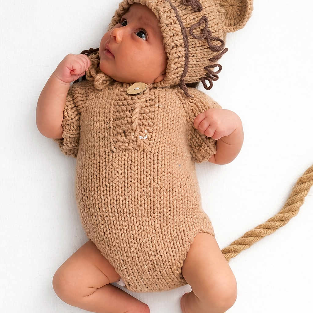 Mirale a rejoint le concours — aidez-le/la à gagner de superbes lots ! baby, infant, knitted_clothing, bear_costume, cute, lying_down, white_background, newborn, hand_knit, headwear, ears, tail, fist, feet, looking_up, portrait, soft_texture, child, adorable, cozy