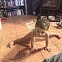 Lane is registered to the contest to win money with this photo: child, indoor, floor, tile, split, wet_hair, bookshelf, dvd, fireplace, pet_bowl, toy, foot, hand, curious, person, home, playing, floor_tile, young_child, casual