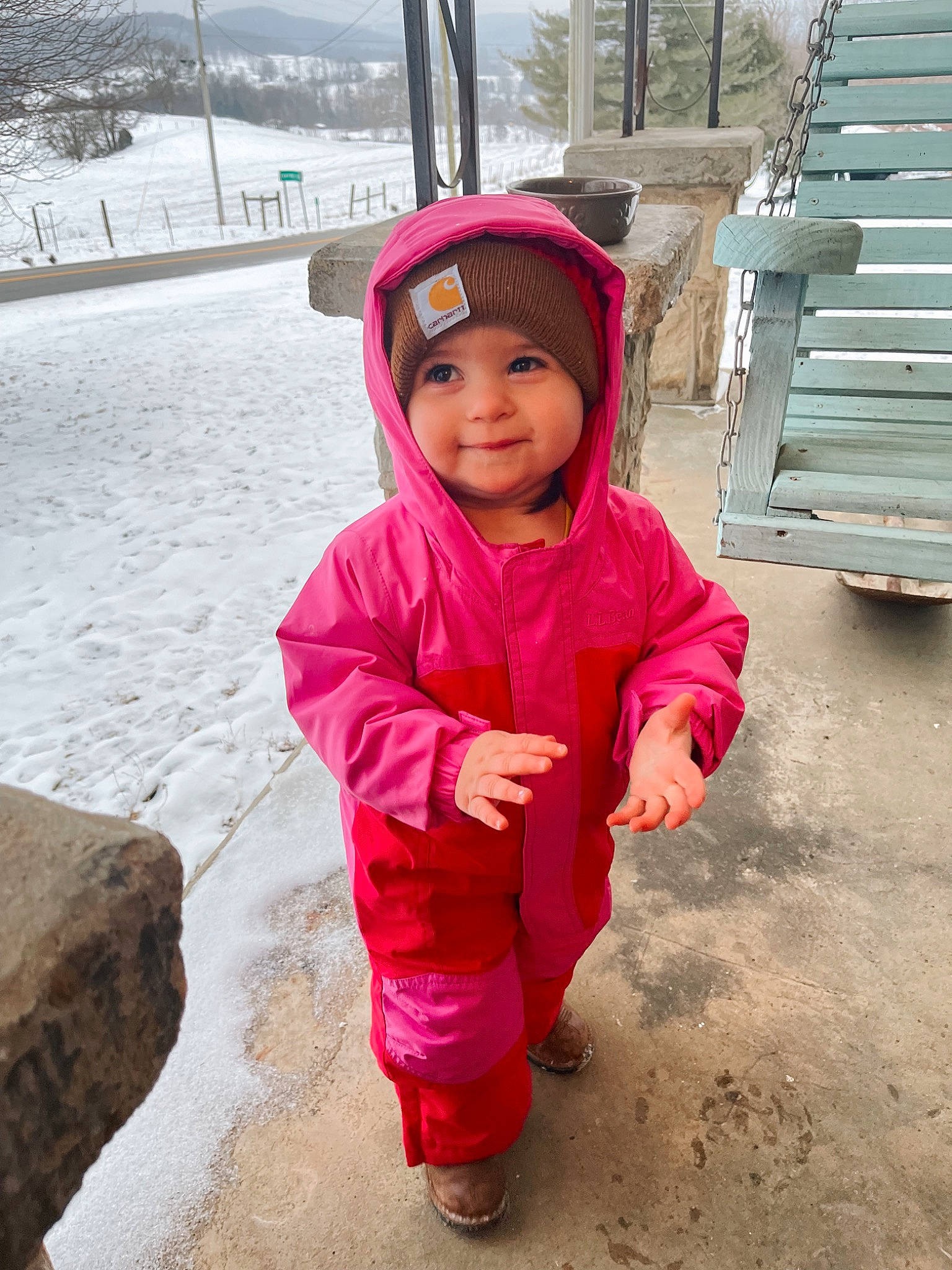 Kennedi joined the competition — help win amazing prizes! baby, baby_toddler_clothing, freezing, fun, happy, hat, headwear, jacket, joy, leisure, magenta, outerwear, people_in_nature, person, pink, recreation, sky, sleeve, smile, snow