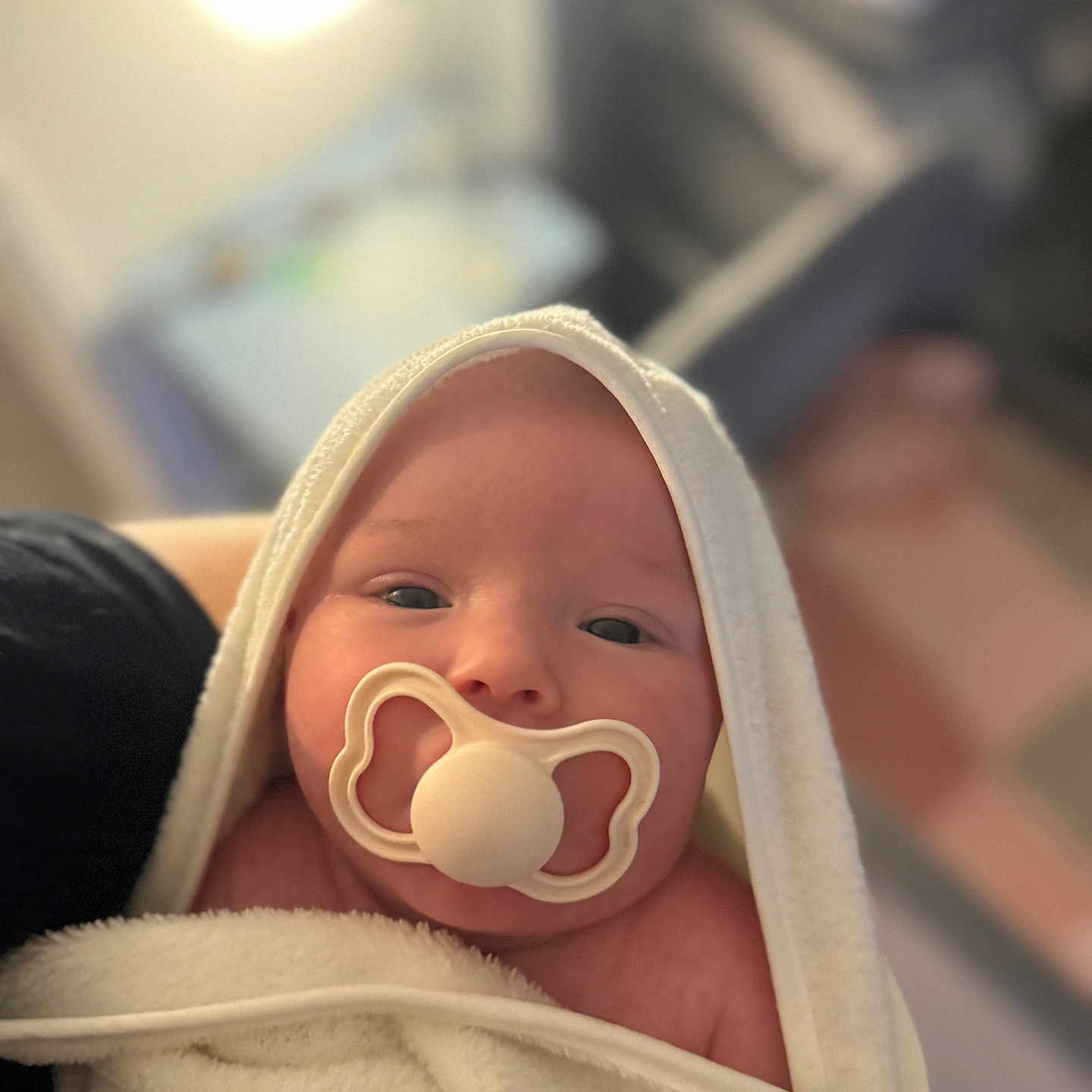 Eliza-June joined the competition — help win amazing prizes! baby, blanket, child, comfort, cute, expression, face, head, human, indoor, infant, newborn, pacifier, person, skin, soft, towel, warm, wrapped, young