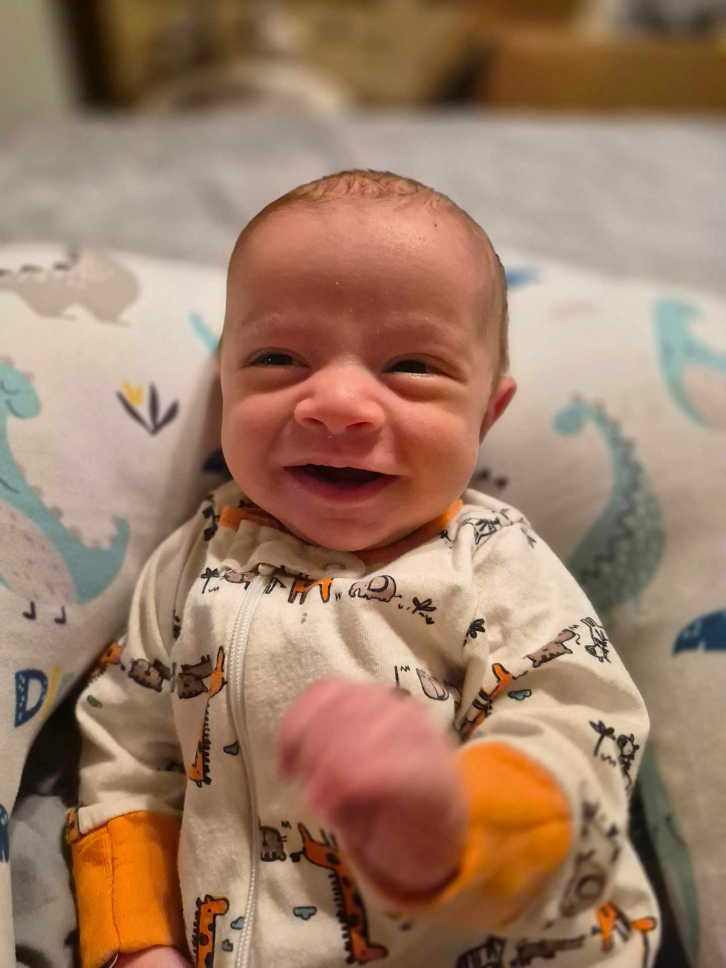 Merritt joined the competition — help win amazing prizes! baby, smiling, onesie, infant, dinosaur_pillow, cute, hand, cozy, patterned_clothing, happy, portrait, child, indoors, sleepwear, young_child, soft, comfort, face, expression, zipped_clothing