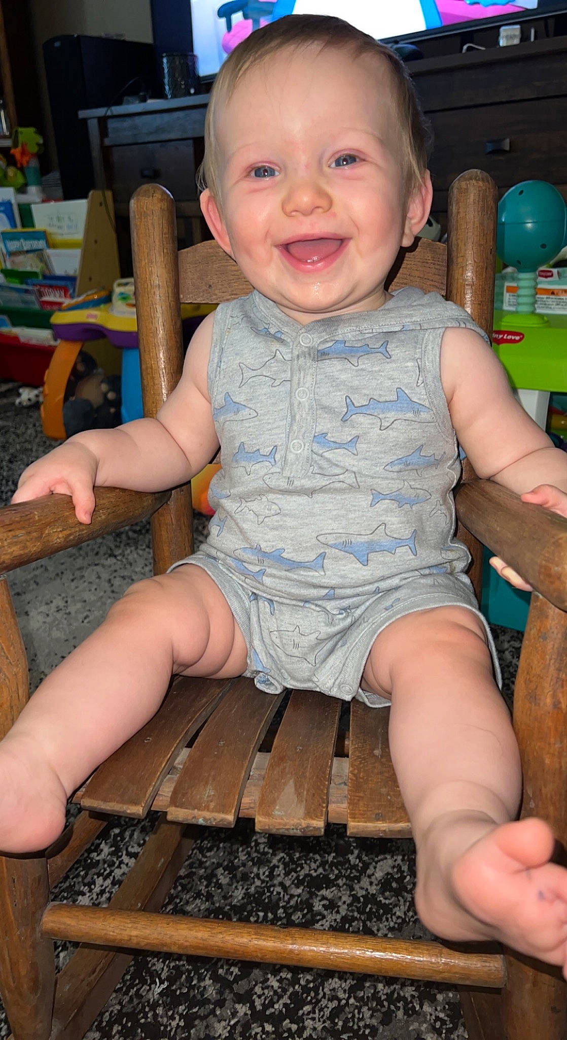 Jaxxon joined the competition — help win amazing prizes! baby, baby_toddler_clothing, blue, chair, cheek, child, chin, eye, face, fun, hairstyle, happy, iris, joy, leg, organ, person, skin, smile, thigh