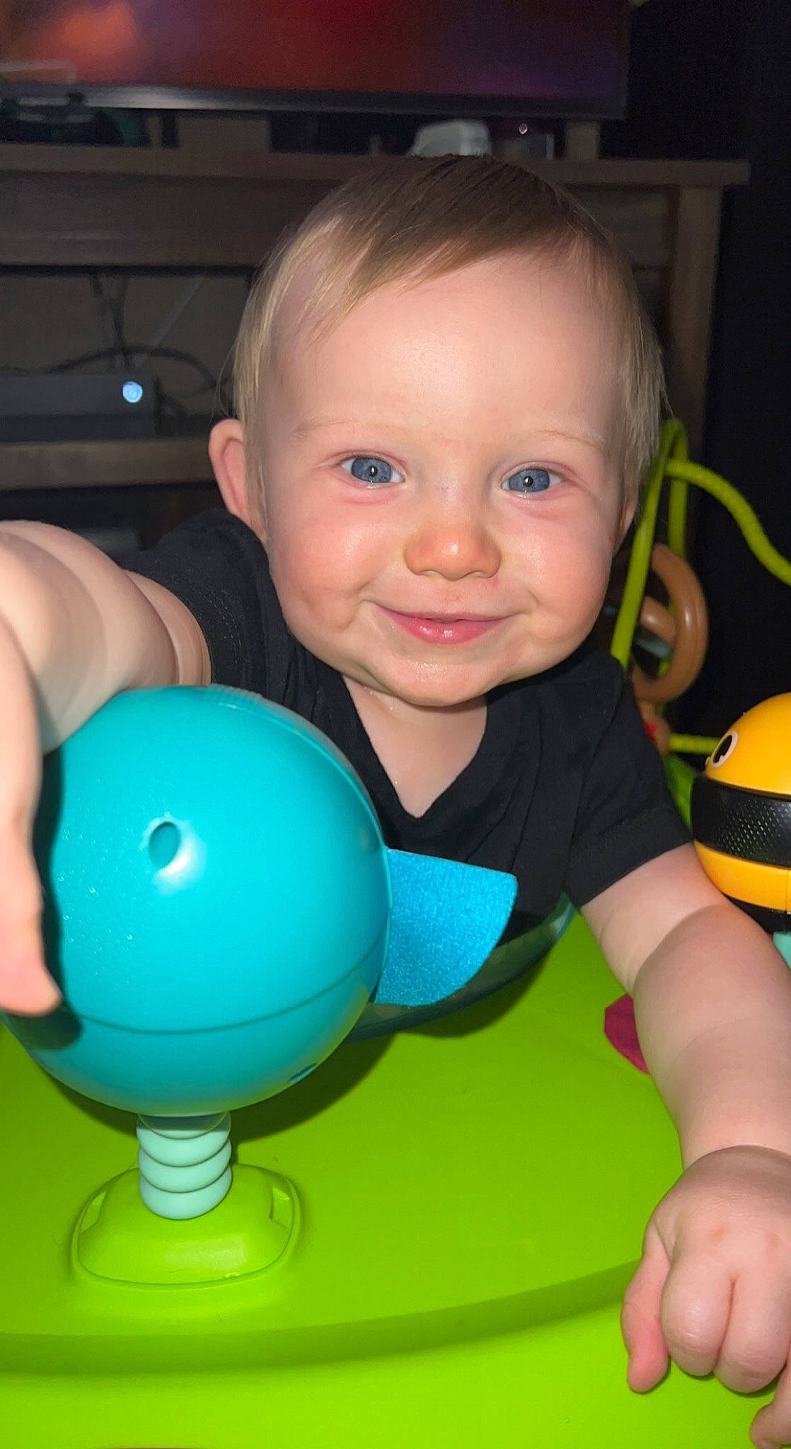 Jaxxon joined the competition — help win amazing prizes! arm, baby, baby_toddler_clothing, blue, child, electric_blue, finger, flash_photography, fun, gesture, green, hand, happy, joy, muscle, person, skin, smile, thumb, toddler