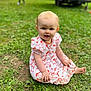Louise a rejoint le concours — aidez-le/la à gagner de superbes lots ! baby, background_blur, blue_eyes, casual, child, curly_hair, cute, daylight, dress, garden, grass, greenery, nature, outdoor, people, portrait, sitting, summer, toddler, young_child