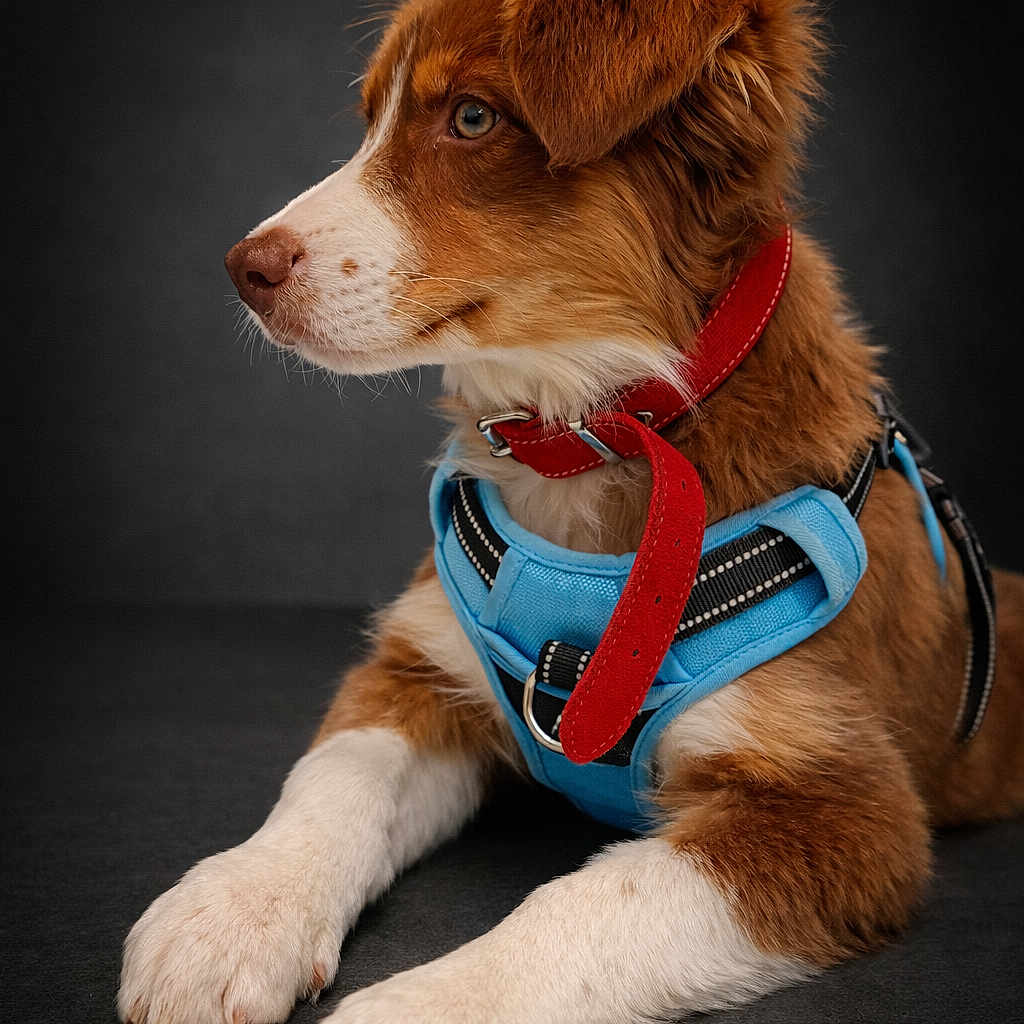Arlow a rejoint le concours — aidez-le/la à gagner de superbes lots ! dog, puppy, brown_fur, white_fur, blue_harness, red_collar, portrait, studio, pet, animal, looking_sideways, cute, fluffy, sitting, indoors, closeup, canine, domestic_animal, young_dog, background_blur