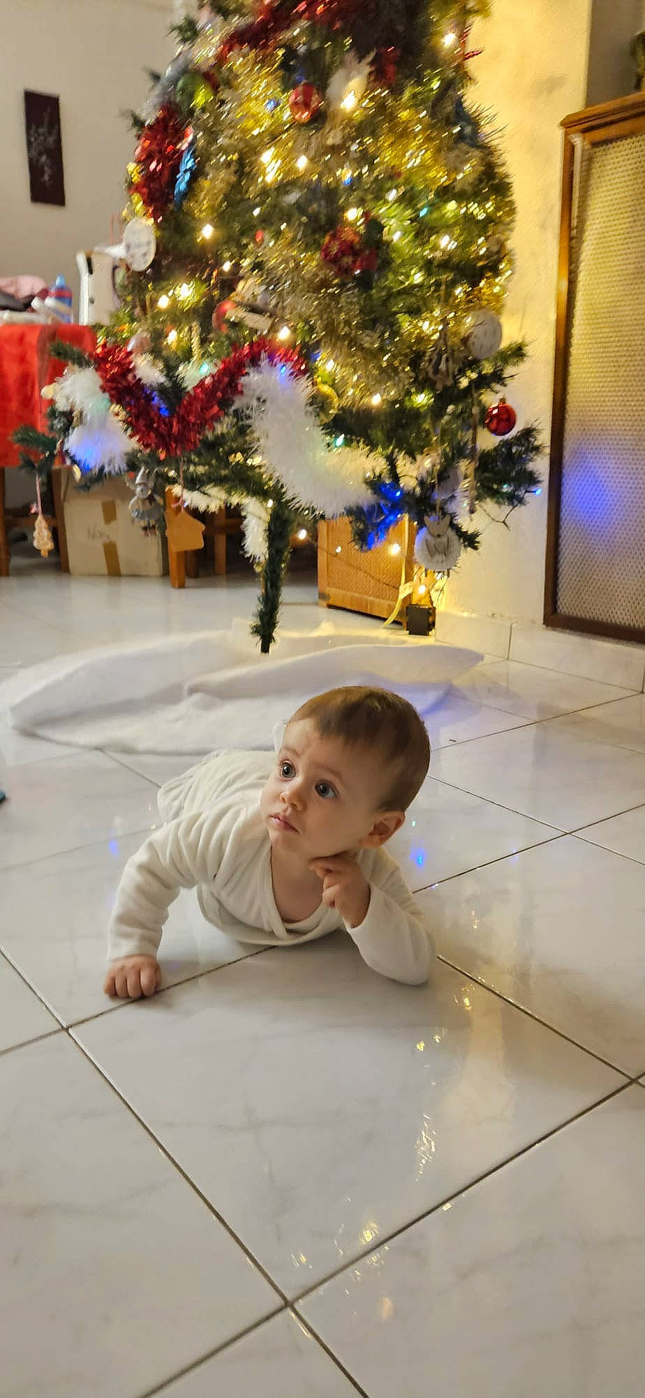 Sasha participe au concours pour gagner de l'argent avec cette photo : christmas, christmas_decoration, christmas_eve, christmas_ornament, christmas_tree, event, floor, flooring, fun, happy, holiday, holiday_ornament, leisure, lighting, ornament, person, plant, standing, toddler, tree