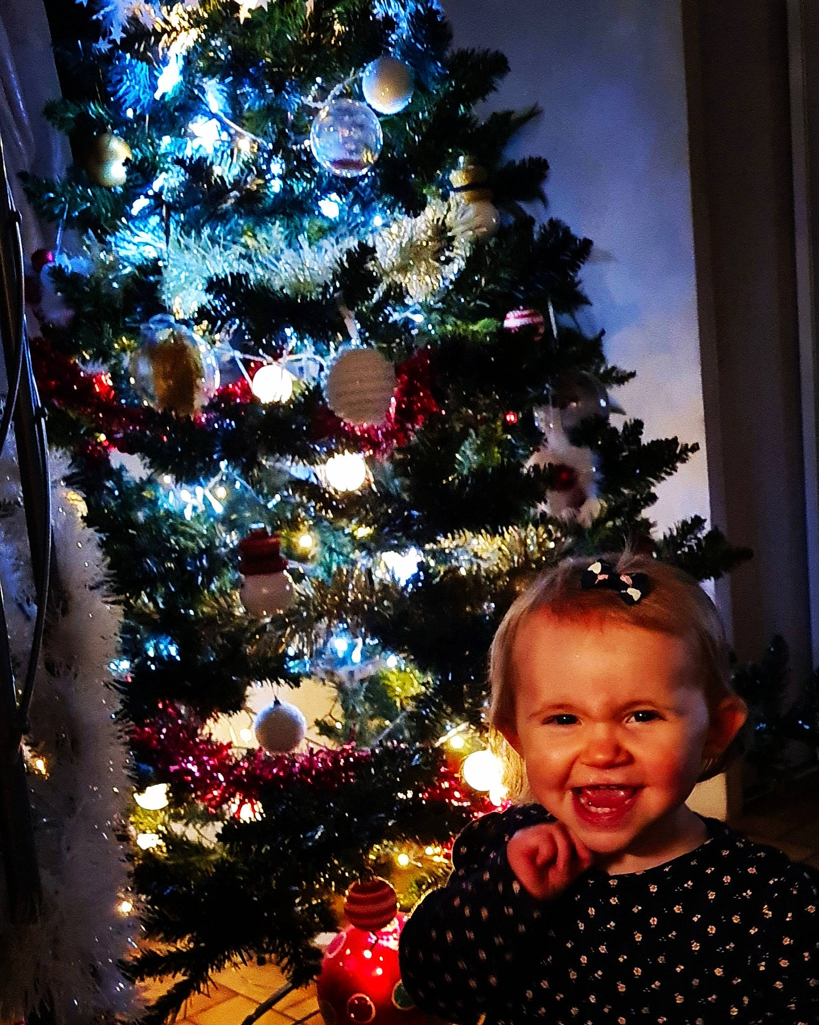 Capucine a rejoint le concours — aidez-le/la à gagner de superbes lots ! christmas, christmas_decoration, christmas_eve, christmas_ornament, christmas_tree, event, evergreen, fun, happy, holiday, holiday_ornament, joy, ornament, person, plant, red, smile, tints_and_shades, toddler, tradition