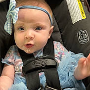 Esme is registered to the contest to win money with this photo: baby, child, car_seat, headband, bow, blue, dress, floral, tutu, drool, straps, safety, infant, cute, portrait, indoors, seat, person, young, apparel