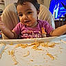 toddler, child, high_chair, messy, spaghetti, food, meal_time, indoors, face, hands, smile, clothing, purple_shirt, tray, television, home, happy, candid, babysitter, family