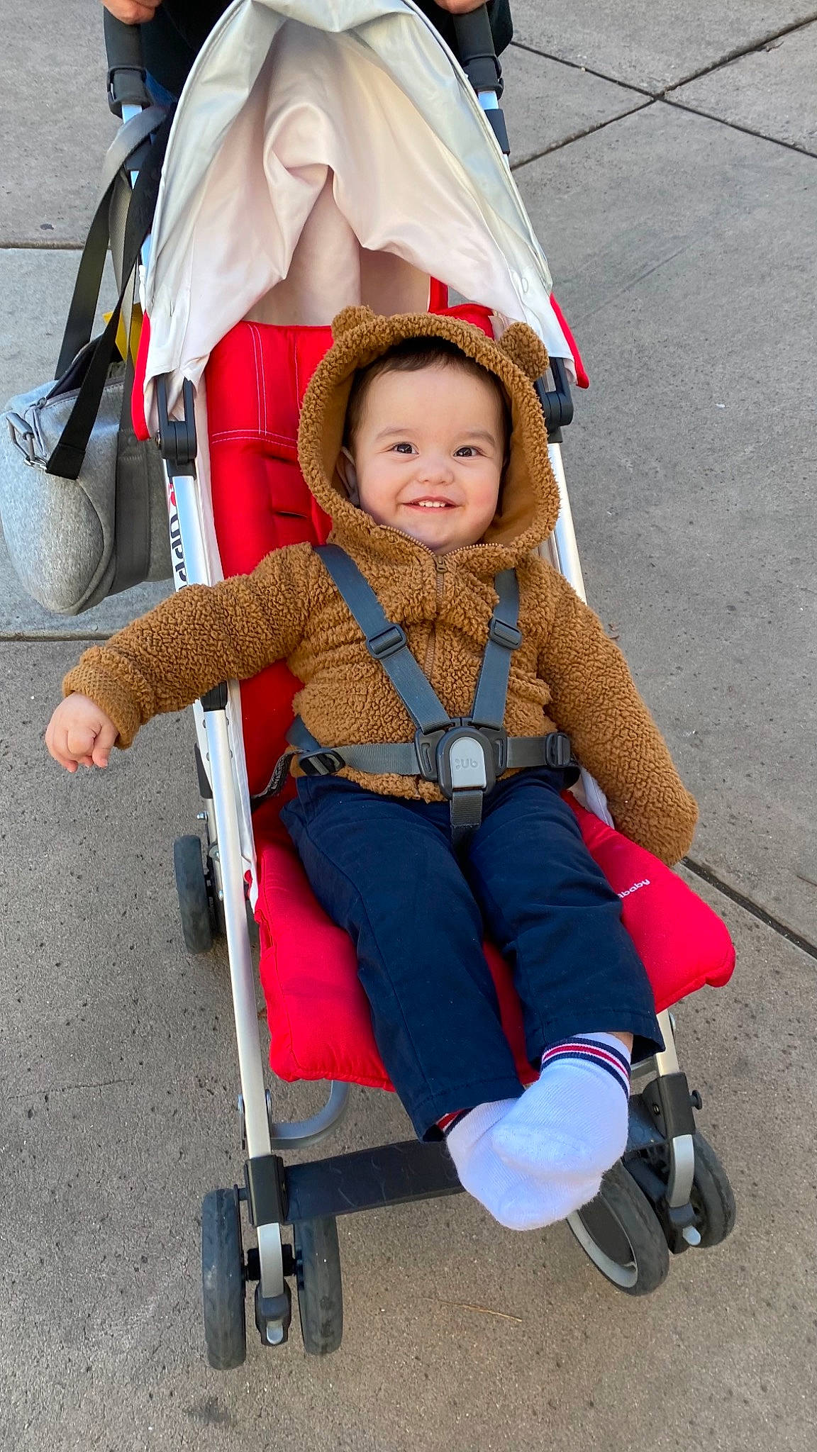 Armando is registered to the contest to win money with this photo: baby_carriage, baby_products, bicycle_wheel, child, electric_blue, eye, fun, happy, joy, lap, magenta, person, recreation, red, sitting, smile, snapshot, tire, toddler, vacation
