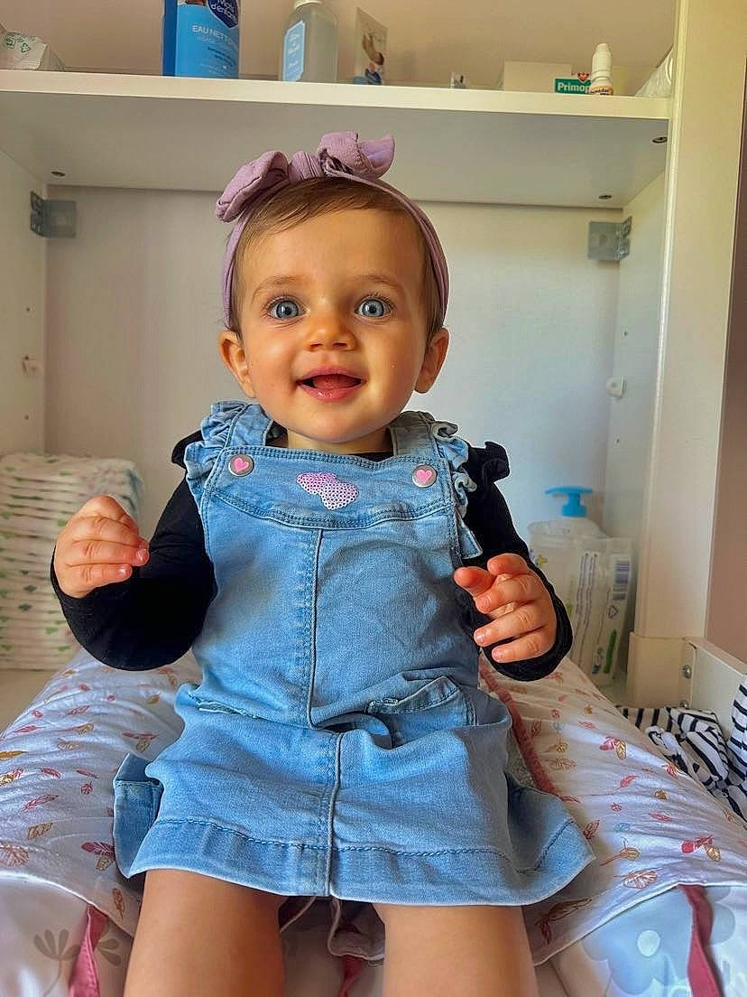 Camille participe au concours pour gagner de l'argent avec cette photo : baby_toddler_clothing, blue, dress, eye, face, gesture, happy, head, human_leg, iris, joy, neck, person, purple, skin, sleeve, smile, thigh, thumb, toddler