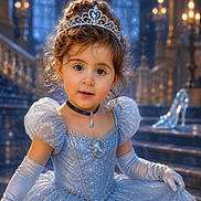 Ella is registered to the contest to win money with this photo: child, girl, princess, cinderella, blue_dress, tiara, gloves, glass_slipper, stairs, jewelry, necklace, portrait, costume, fairytale, sparkle, curly_hair, indoor, lighting, elegant, smiling
