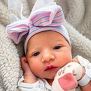 Sophia is registered to the contest to win money with this photo: baby, newborn, infant, hat, bow, mittens, blanket, closeup, face, blue_eyes, cute, cozy, soft, clothing, portrait, sleepwear, child, resting, newborn_hospital, warm