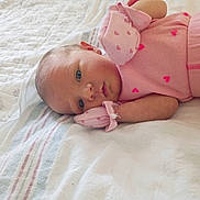 Sophia joined the competition — help win amazing prizes! baby, bed, blanket, child, cute, heart_pattern, human, indoor, infant, lying_down, mittens, newborn, peaceful, pink_clothing, portrait, quilt, resting, sleepwear, small, soft_light