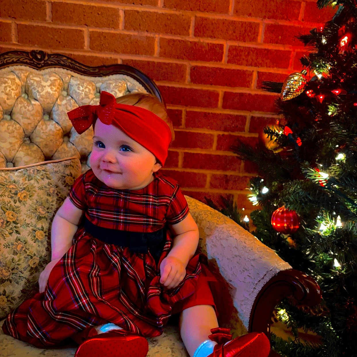 Lilyann joined the competition — help win amazing prizes! accessories, baby, brick, cap, clothing, couch, face, fir, footwear, furniture, hat, head, lighting, pants, person, photography, plant, portrait, shoe, tree