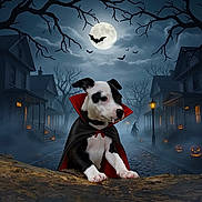 Appy a rejoint le concours — aidez-le/la à gagner de superbes lots ! puppy, dog, costume, cape, vampire, halloween, night, full_moon, bats, jack_o_lantern, pumpkin, fog, spooky, street, house, tree, witch, dark, scary, cute