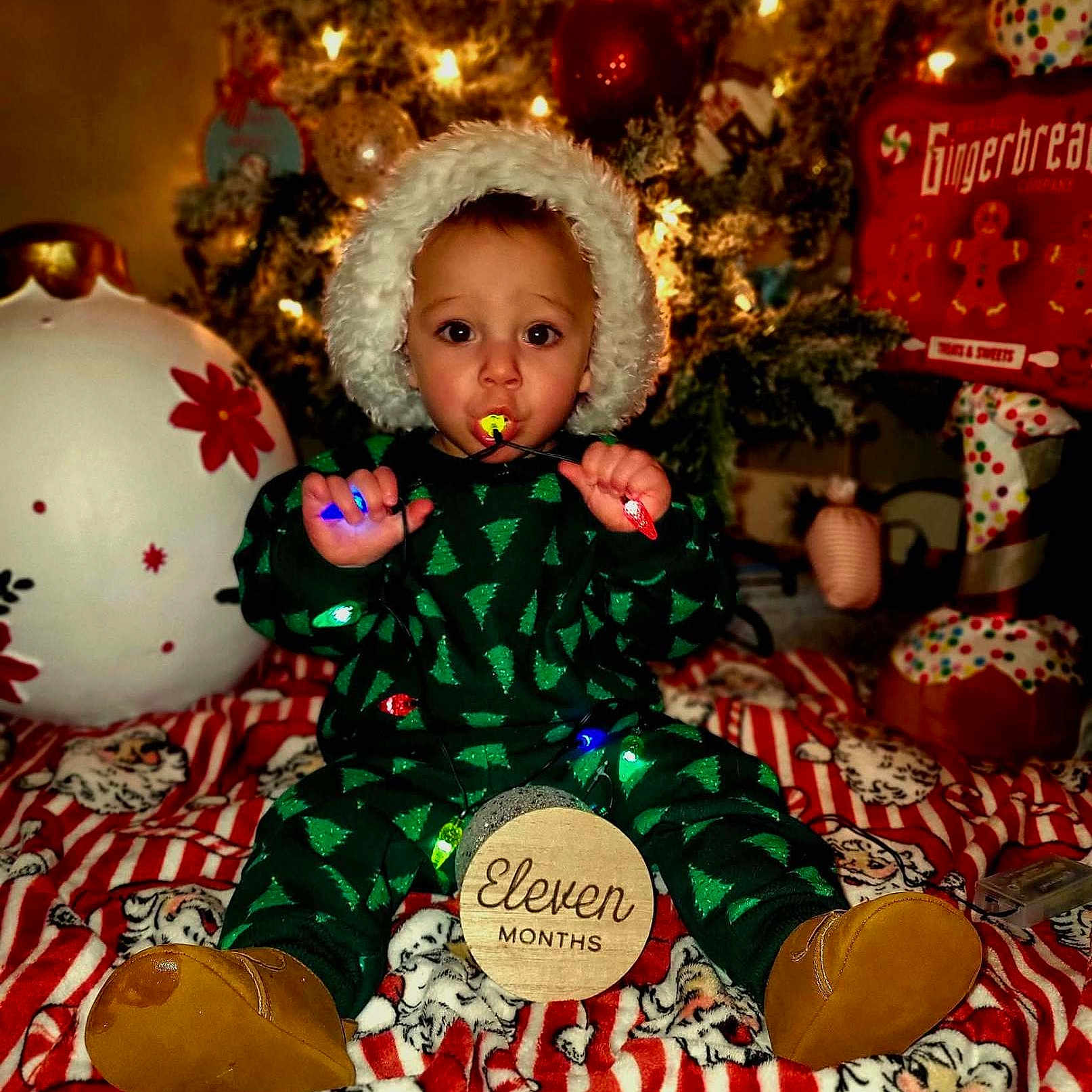 Cayson is registered to the contest to win money with this photo: baby, blanket, child, christmas, cozy, cute, decorations, festive, hat, holiday, indoor, infant, lights, ornaments, person, santa, seasonal, smiling, toy, tree