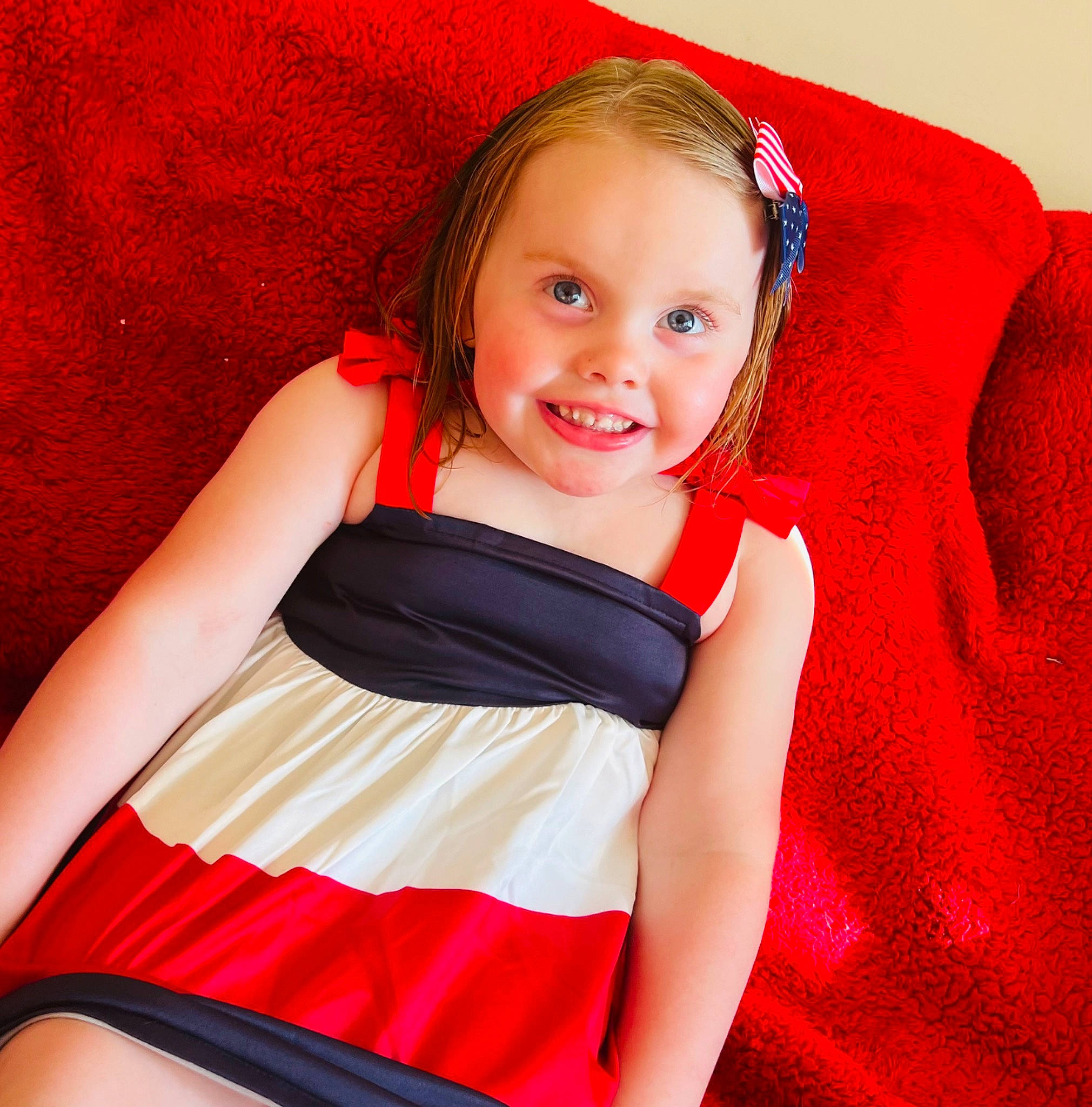 Raelyn joined the competition — help win amazing prizes! baby_toddler_clothing, child, comfort, day_dress, electric_blue, flash_photography, happy, human_leg, joy, magenta, neck, pattern, person, pink, red, skin, sleeve, smile, thigh, toddler