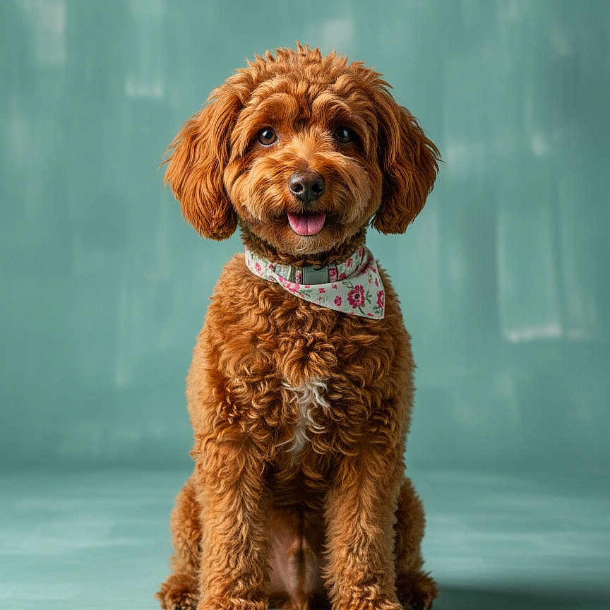Becca is registered to the contest to win money with this photo: adorable, animal, bandana, brown, canine, collar, curly_fur, cute, dog, fluffy, fur, happy, indoor, looking_at_camera, pet, portrait, sitting, smiling, studio, tongue_out