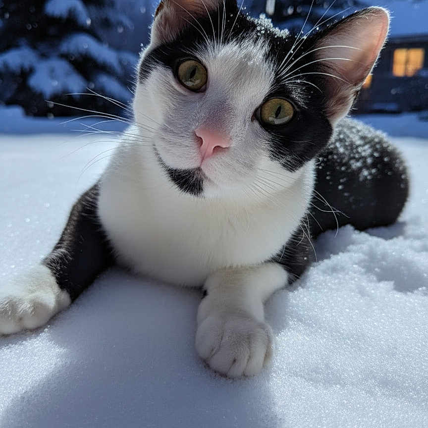 Oreo participe au concours pour gagner de l'argent avec cette photo : animal, black_and_white, cat, close_up, cold, curious, daylight, fur, house, nature, outdoor, pet, playful, portrait, snow, snowflakes, tree, whiskers, window, winter