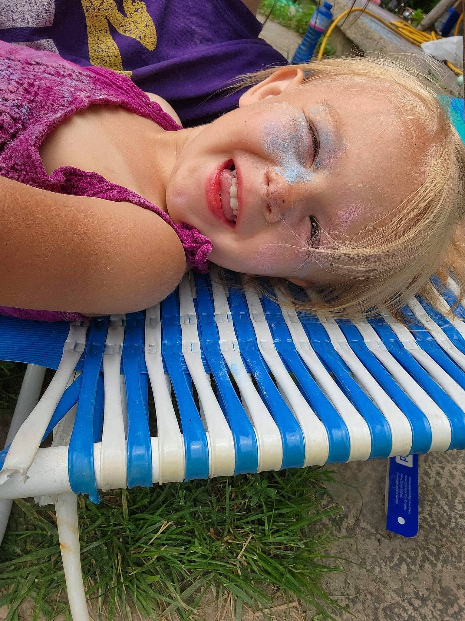 Paisley joined the competition — help win amazing prizes! abdomen, chair, chest, child, electric_blue, fashion_accessory, fun, grass, happy, human_leg, joy, laugh, leisure, magenta, person, sitting, smile, summer, sun_tanning, thigh