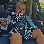 Rain is registered to the contest to win money with this photo: baby, child, stroller, zebra_striped_clothing, harness, blue_eyes, pony_tail, outdoor, mesh, seat, comfort, curious, legs, hand, fabric, sunlight, shade, person, infant, portrait