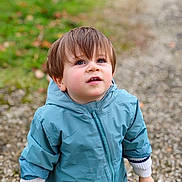 Milo a rejoint le concours — aidez-le/la à gagner de superbes lots ! toddler, child, blue_jacket, outdoor, gravel_path, curious, looking_up, short_hair, long_sleeves, nature, green_background, casual_clothing, small_hand, young_child, portrait, walking, daylight, cute, innocent, person