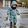 Milo participe au concours pour gagner de l'argent avec cette photo : child, rain_suit, puddle, boots, outdoor, water, splashing, hood, scarf, wet_ground, rainy_day, reflection, street, curb, building, wooden_structure, fall, leaves, person, cute