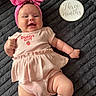 baby, infant, pink_bow, headband, smiling, cute, clothing, daddys_girl, three_months, milestone, blanket, texture, happy, cute_outfit, lying_down, chubby, portrait, celebration, child, person