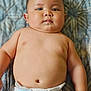 baby, infant, diaper, skin, face, arms, chubby, lying_down, blanket, pattern, cute, child, young, human, portrait, expression, indoors, relaxed, naked_torso, closeup
