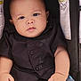 baby, infant, child, car_seat, black_shirt, bottle, cute, portrait, face, eyes, hand, skin, clothing, seat, indoor, expression, young, adorable, person, sitting