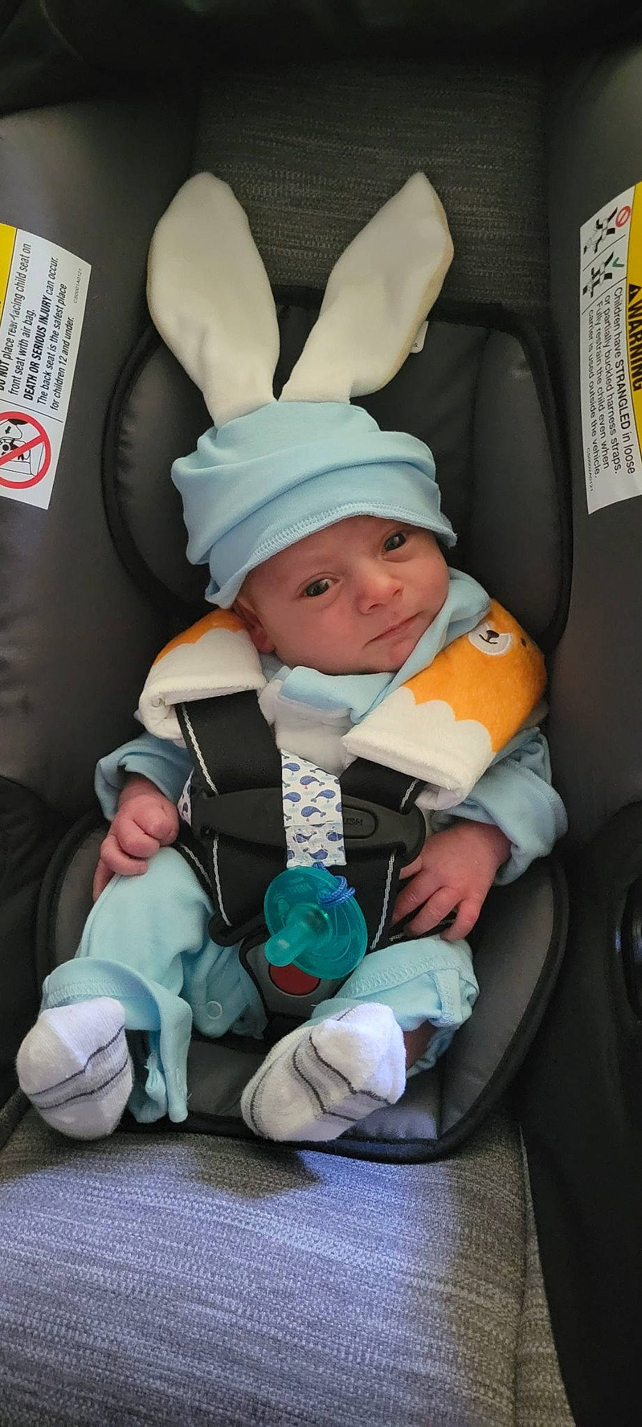 Gage joined the competition — help win amazing prizes! auto_part, baby, baby_carriage, baby_in_car_seat, baby_products, baby_safety, baby_toddler_clothing, car_seat, cheek, child, comfort, costume_hat, gesture, happy, headwear, lap, person, room, seat_belt, sitting