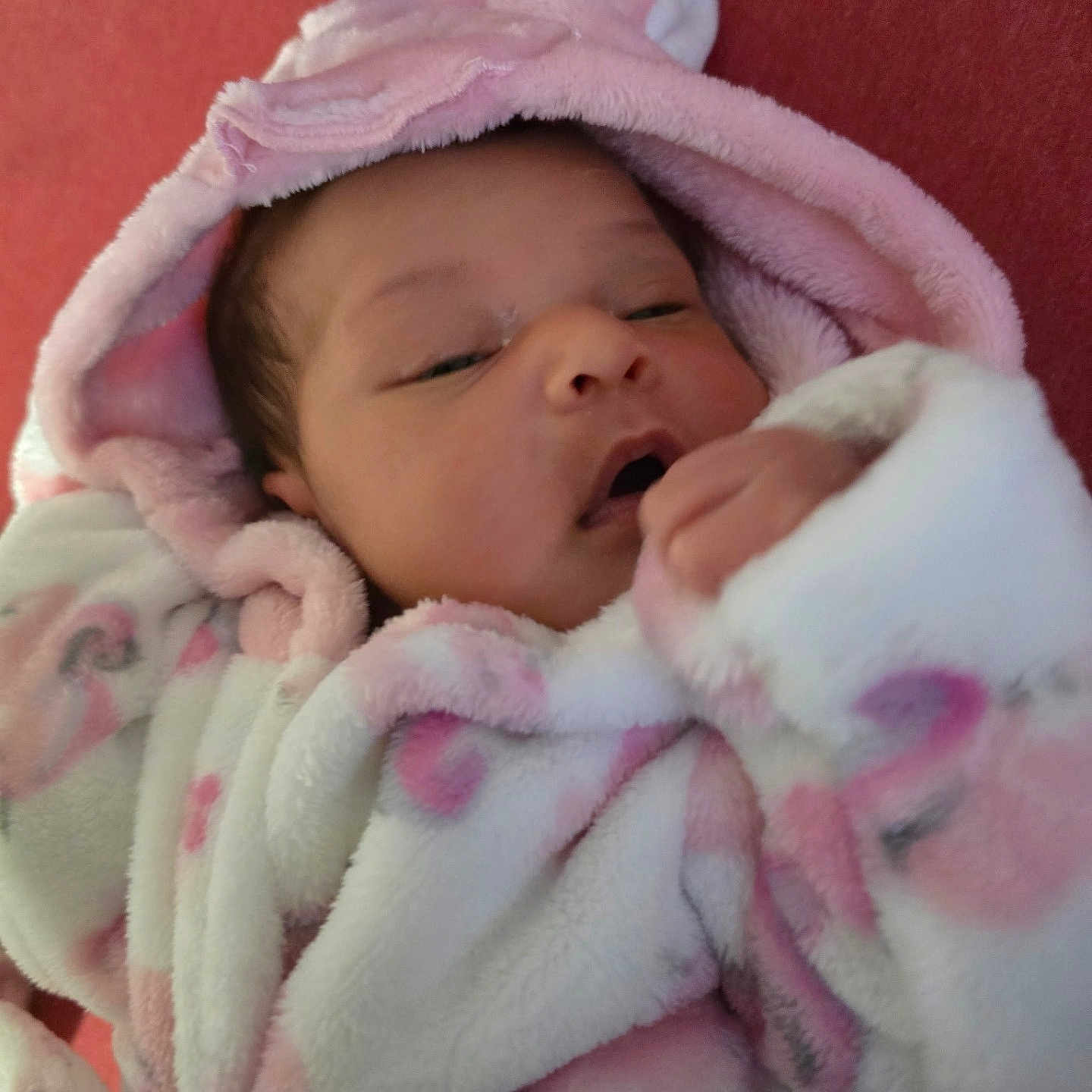 Olivia joined the competition — help win amazing prizes! baby, bed, blanket, bonnet, clothing, coat, face, furniture, glove, hat, head, hood, jacket, newborn, person, photography, portrait, quilt, sleeping, towel