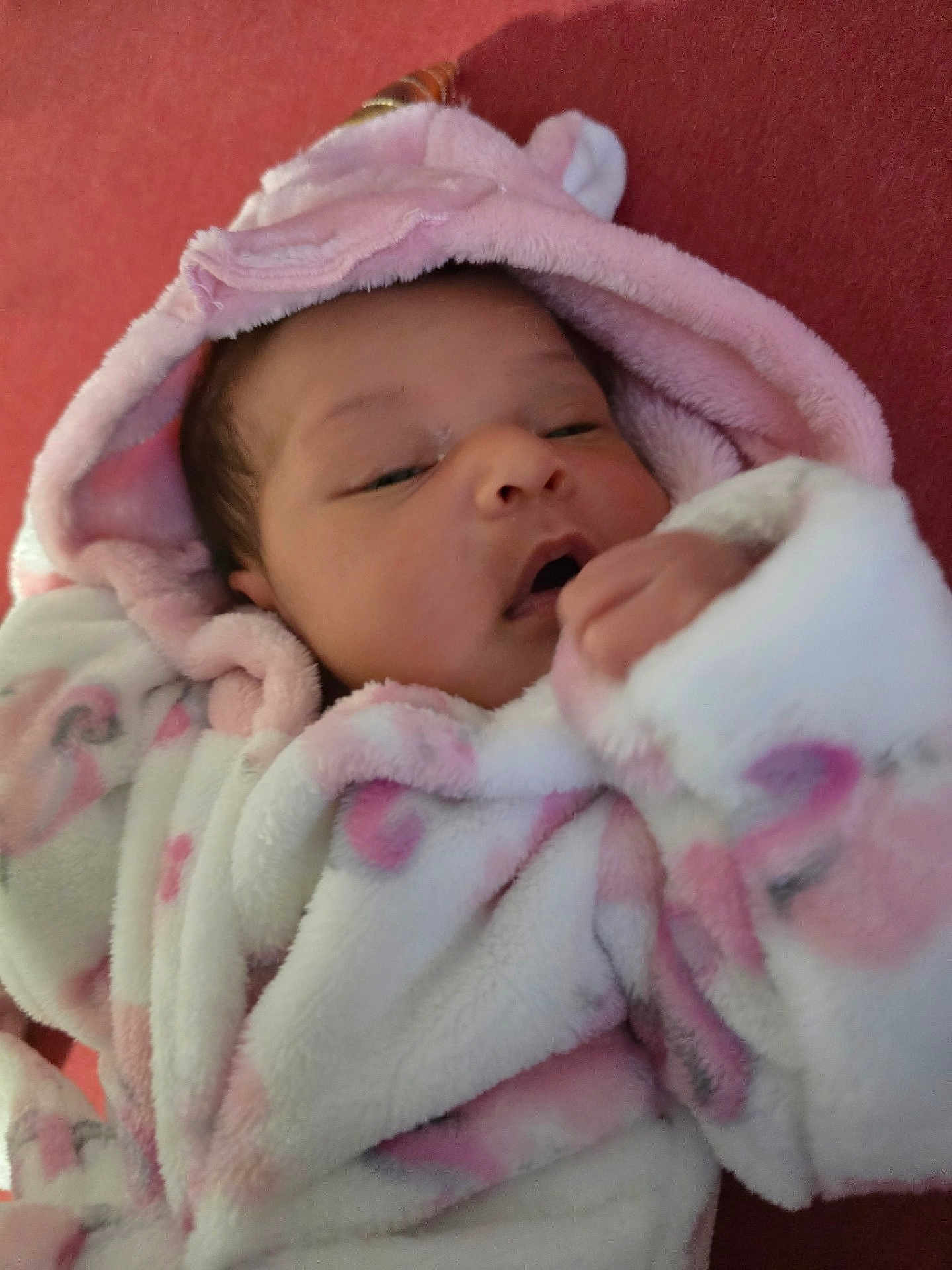 Olivia joined the competition — help win amazing prizes! baby, bed, blanket, bonnet, clothing, coat, face, furniture, glove, hat, head, hood, jacket, newborn, person, photography, portrait, quilt, sleeping, towel