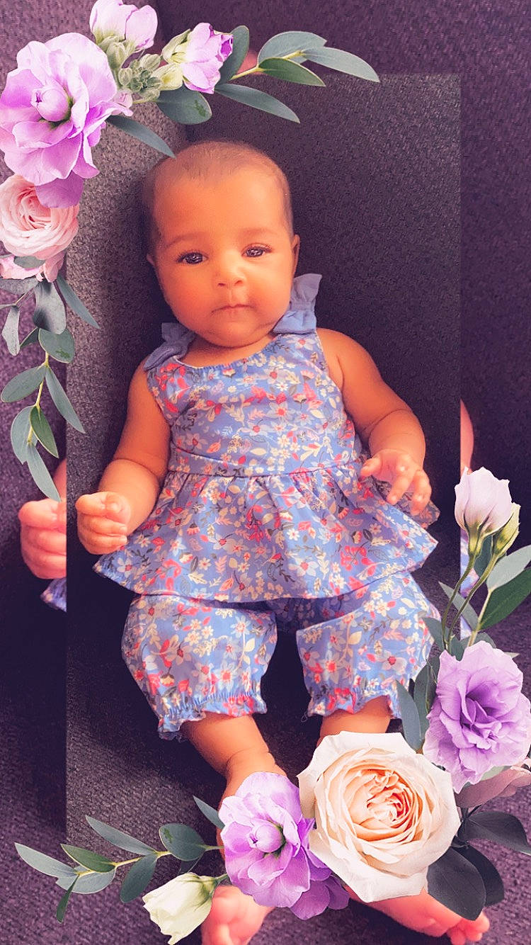 Karissma joined the competition — help win amazing prizes! arm, baby_toddler_clothing, cheek, doll, dress, eye, face, flower, hand, head, iris, person, petal, pink, plant, product, purple, skin, textile, violet