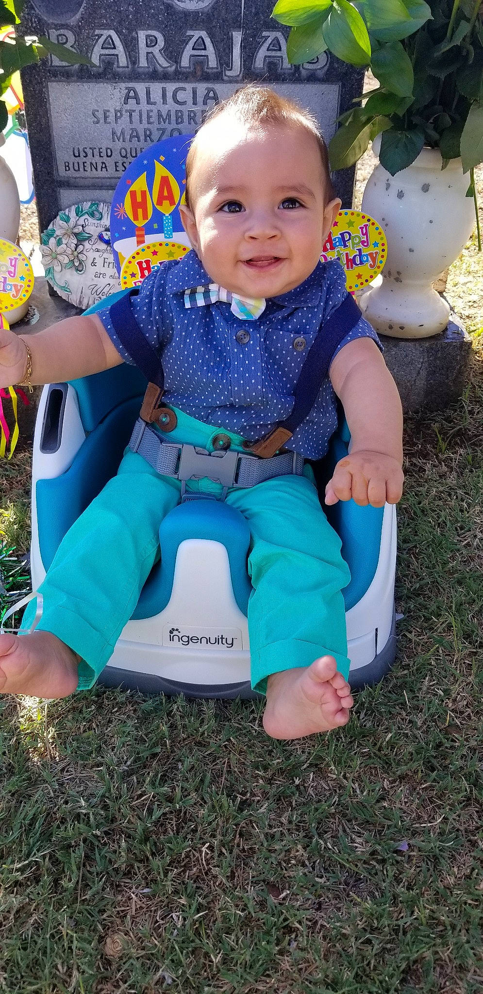 Juanito joined the competition — help win amazing prizes! baby_products, blue, child, day, fun, girl, grass, green, infant, pattern, person, plant, play, product, sitting, smile, toddler, vacation