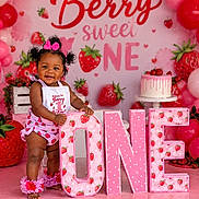 Khilani joined the competition — help win amazing prizes! baby, background, balloons, birthday, cake, celebration, child, cute, decorations, first_birthday, floor, happy, headband, letters, outfit, party, person, pink, smiling, strawberry