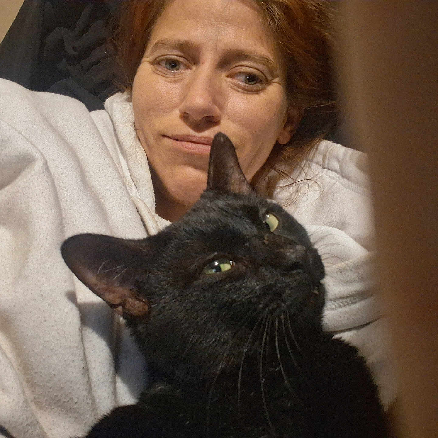 Sugar Dude is registered to the contest to win money with this photo: woman, cat, black_cat, indoors, selfie, face, pet, cozy, hoodie, expression, close_up, green_eyes, feline, domestic_animal, relaxing, cute, portrait, snuggling, casual, comfort